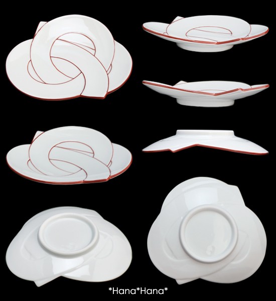 【新品】有田焼15-16cm 結び目デザイン4枚セット 結び 銘々皿 (赤線) 15.5cm 有田焼 田清窯 // 和食器 食器 皿 小皿 取
