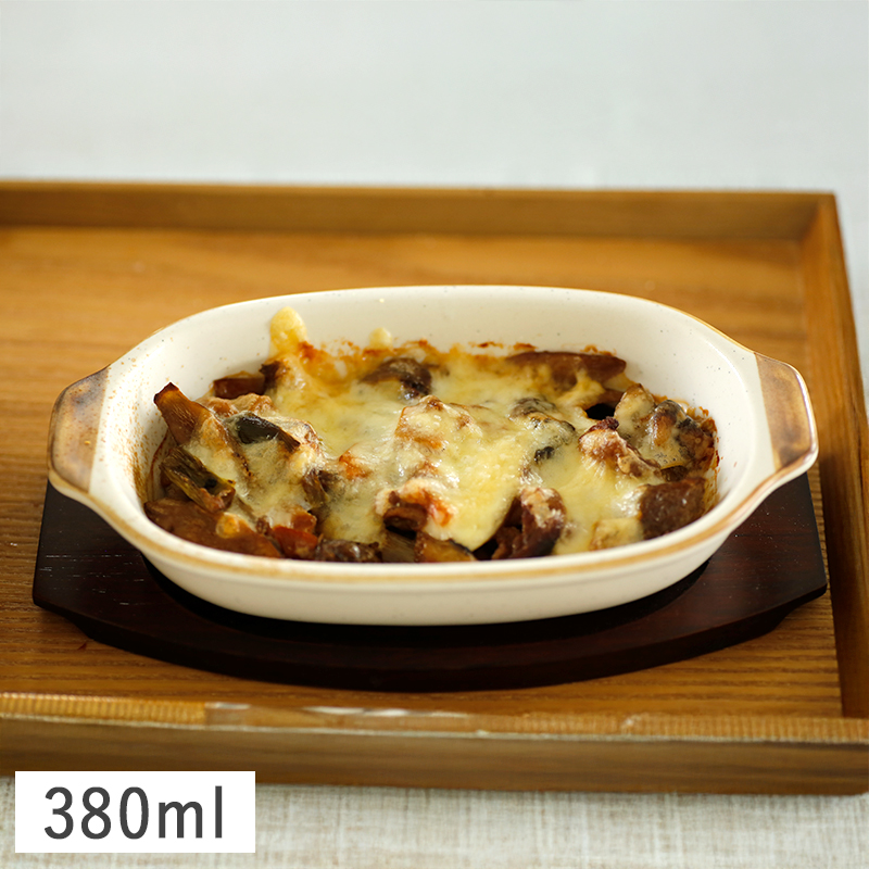 アイボリー砂目 耳付きオーバル グラタン皿 大 21cm 日本製 耐熱皿