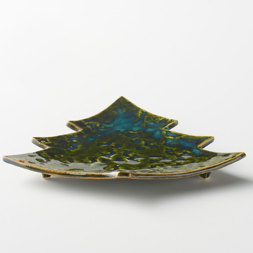 蔵珍窯（ぞうほうがま） クリスマスツリー 織部 三つ足ケーキ皿 (お