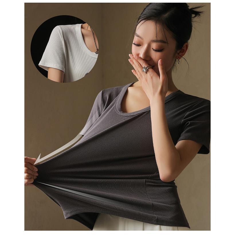 tシャツ レディース 無地 クルーネック 半袖 Tシャツ リブ カジュアル 春 夏 秋 |  | 01