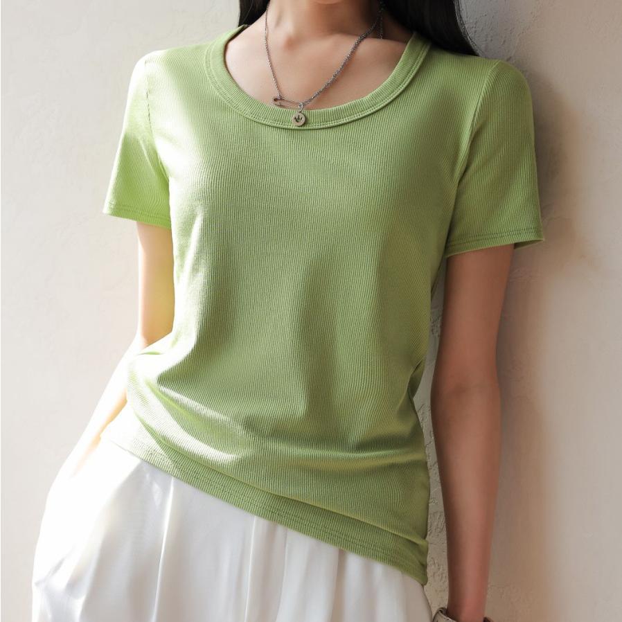 tシャツ レディース 無地 クルーネック 半袖 Tシャツ リブ カジュアル 春 夏 秋 |  | 03