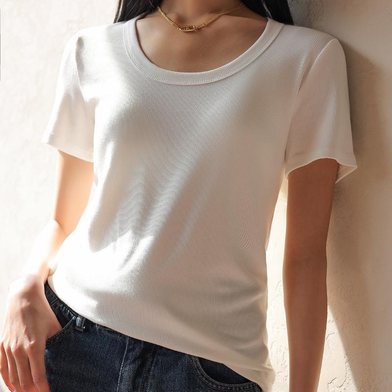 tシャツ レディース 無地 クルーネック 半袖 Tシャツ リブ カジュアル 春 夏 秋 |  | 05