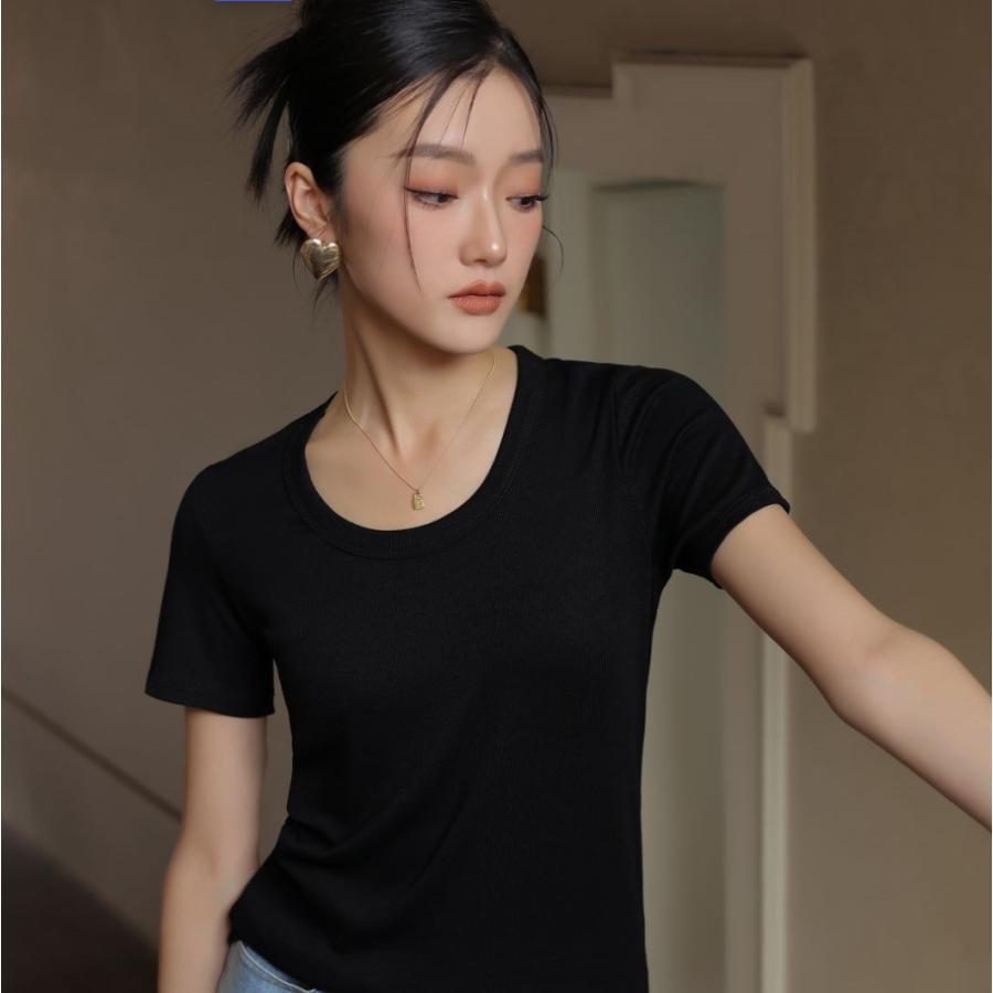 tシャツ レディース 無地 クルーネック 半袖 Tシャツ リブ カジュアル 春 夏 秋 |  | 06