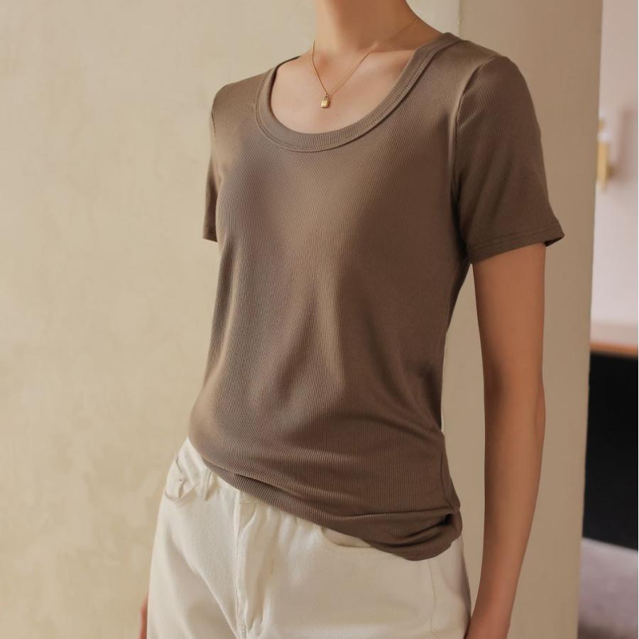 tシャツ レディース 無地 クルーネック 半袖 Tシャツ リブ カジュアル 春 夏 秋 |  | 07