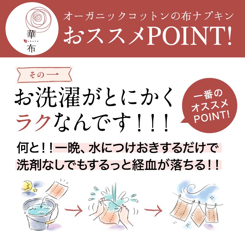 お洗濯がとにかくラクなんです。水につけおきするだけで洗剤なしでもスルッと経血が落ちます