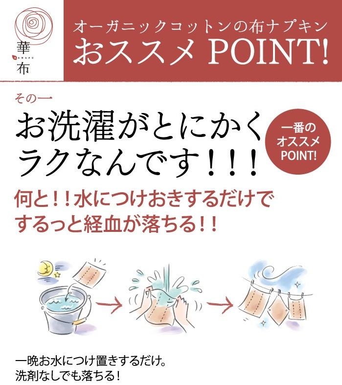 お洗濯がとにかくラクなんです 水につけ置きするだけでするっと経血が落ちる