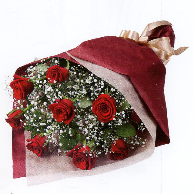 花束 - 511577（赤バラとかすみ草の花束） 花キューピット商品