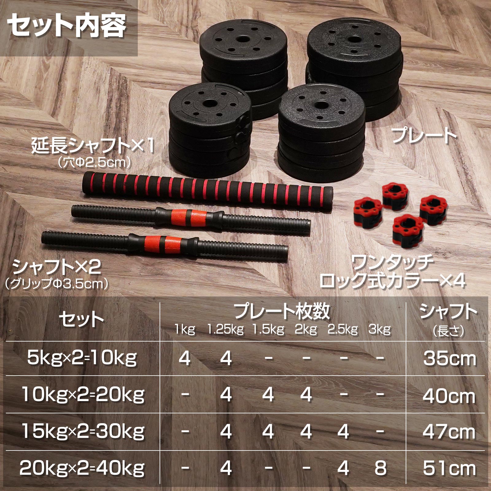 可変式 ダンベル 20kg(10kg×2個) 多機能 バーベルシャフト 筋トレ