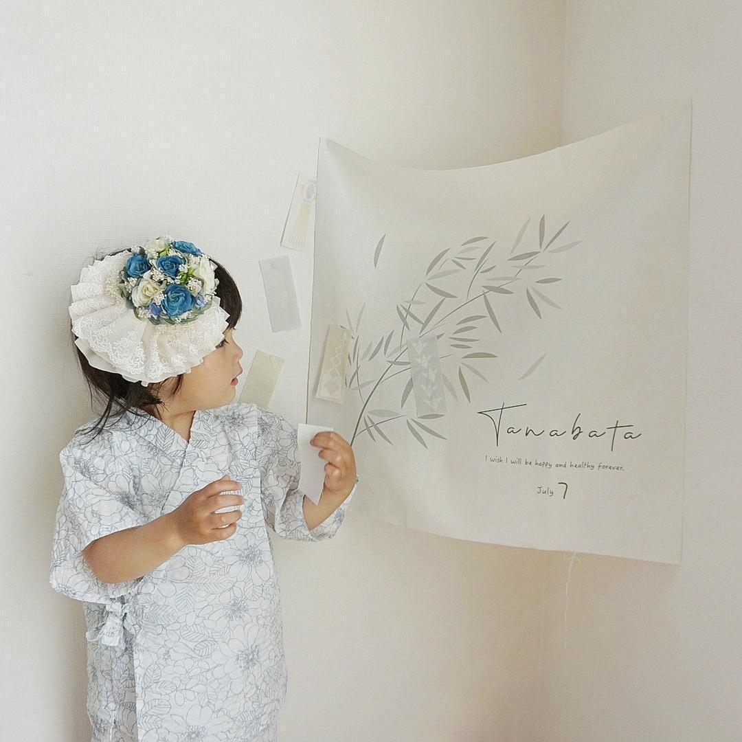 七夕飾り 七夕タペストリー おしゃれ イラスト 短冊 6枚つき コットン