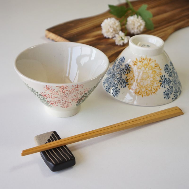 波佐見焼 茶碗 ペアセット 勲山窯 カラー幾何花紋 夫婦茶碗 お茶碗