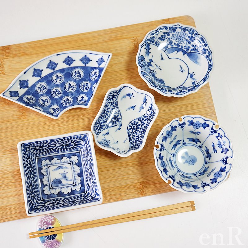 波佐見焼 小皿 小付 小鉢 染付絵変わり 間取山水百景桔梗高台皿