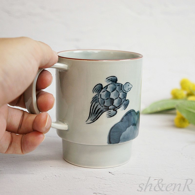 波佐見焼 マグカップ マグ 手描き 鶴亀絵柄 縁起 陶器 大きい