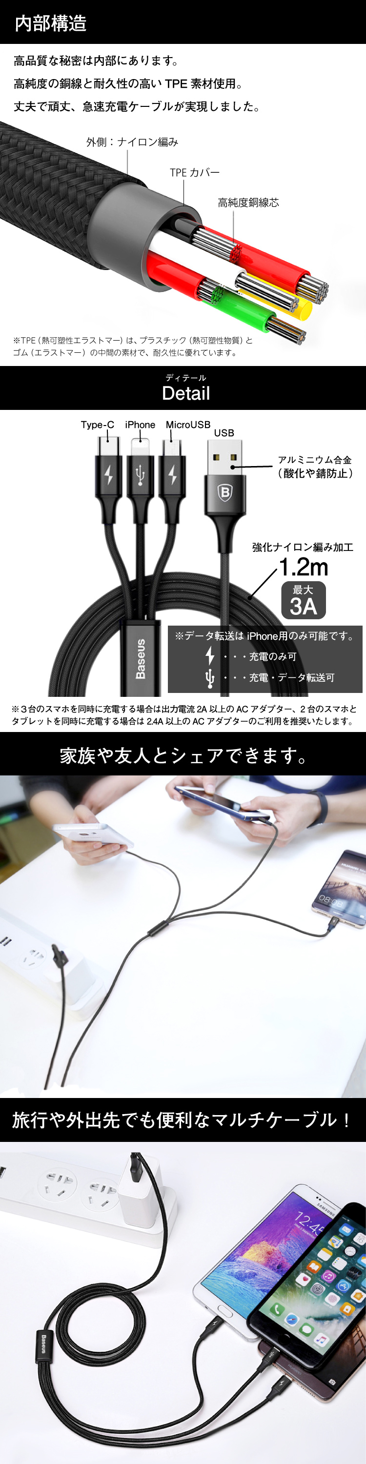 3in1 iPhone 充電ケーブル 1.2m 急速充電 ケーブル データ転送 Lightning Micro USB Type-C アルミ コネクタ  ナイロン編み 充電ケーブル L字型 :acs-cable-rapid3a-3in1:HANARO-SHOP ヤフー店 - 通販 -  Yahoo!ショッピング