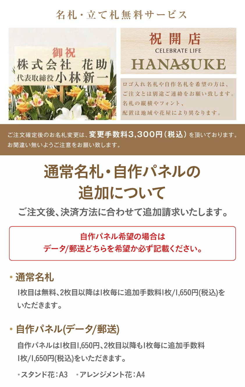 お花に無料で名札、カードが付くのでギフトにも安心