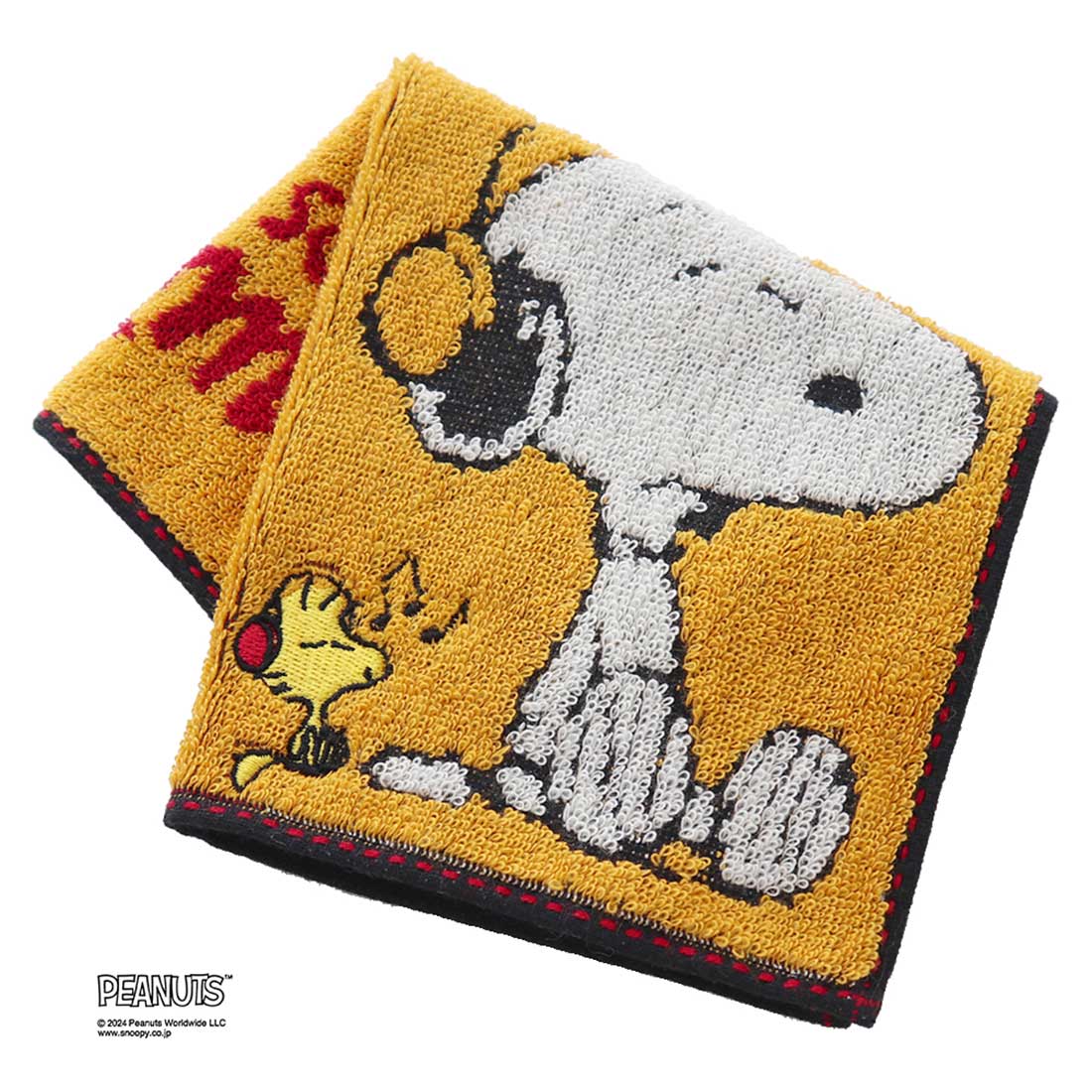希少！SNOOPYと仲間たち　大判ハンカチ　未使用　日本製　綿100% PEANUTS スヌーピー タオルハンカチ ヘッドホン柄 イエロー