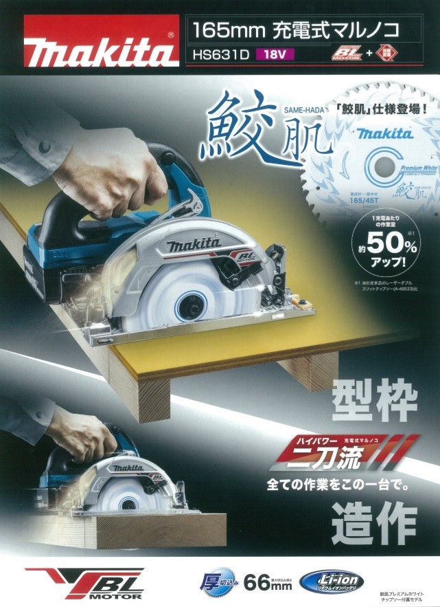 makita マキタ 18V 165mm充電式丸のこ（マルノコ）［青］HS631DZS