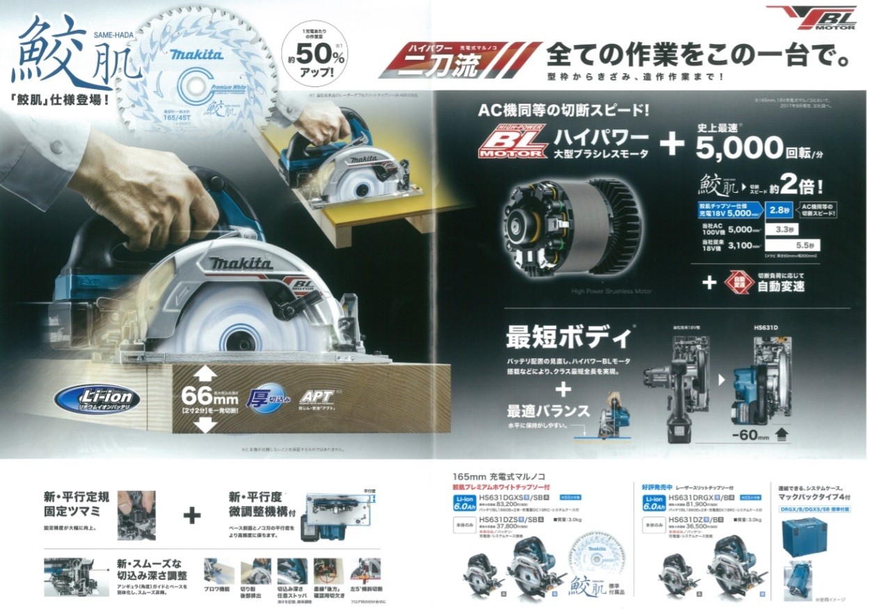 makita マキタ 18V 165mm充電式丸のこ（マルノコ）［青］HS631DZS