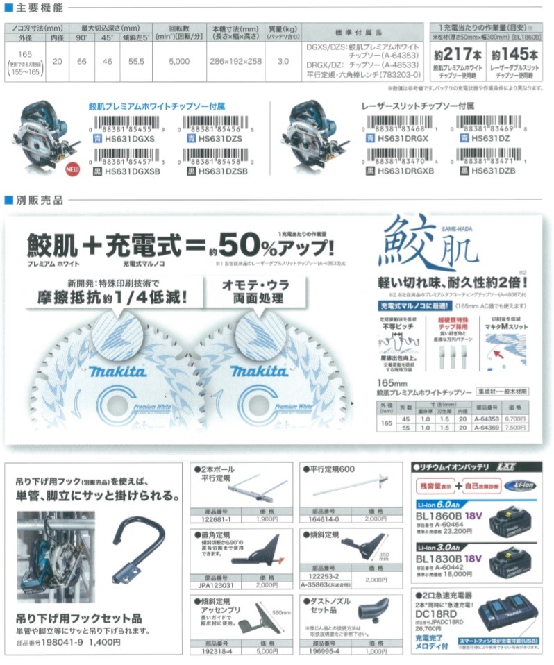 マキタ（makita） 18V 165mm充電式丸のこ（マルノコ）HS631DGXS 6.0Ah 