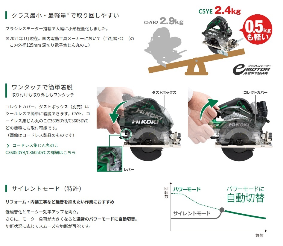 ◇欠品中◇HiKOKI 工機 電気式 125mm 深切り電子集じん丸のこ C5YE 100V コレクトカバー（集じん機接続専用）標準付属（のこ刃別売）5730-1093  :C5YE:ハンズコテラ Yahoo!ショップ - 通販 - Yahoo!ショッピング