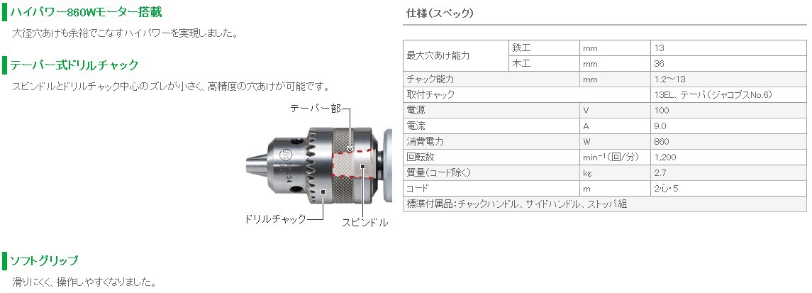 ◇欠品中◇ HiKOKI 工機ホールディングス 鉄工用電気ドリル D13SB 100V