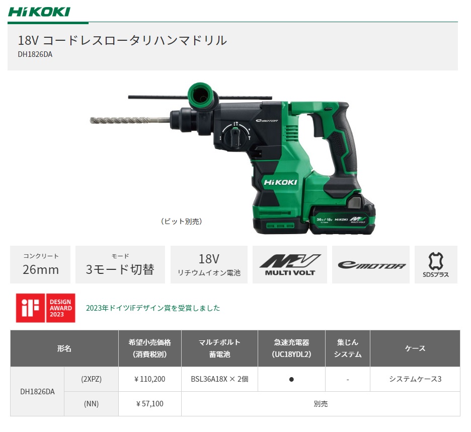 HiKOKI 工機 18Vコードレスロータリハンマドリル DH1826DA(2XPZ