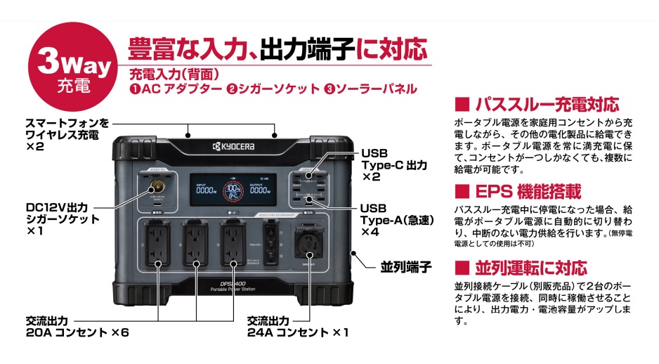 KYOCERA 京セラ プロ向け ポータブル電源 DPS2400 バッテリー容量