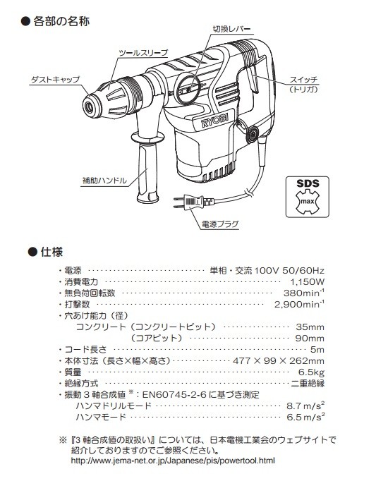 RYOBI リョービ】 プロ用品 ハンマドリル ED-351 単相100V・12A・1,150W : ed-351 : ハンズコテラ  Yahoo!ショップ - 通販 - Yahoo!ショッピング