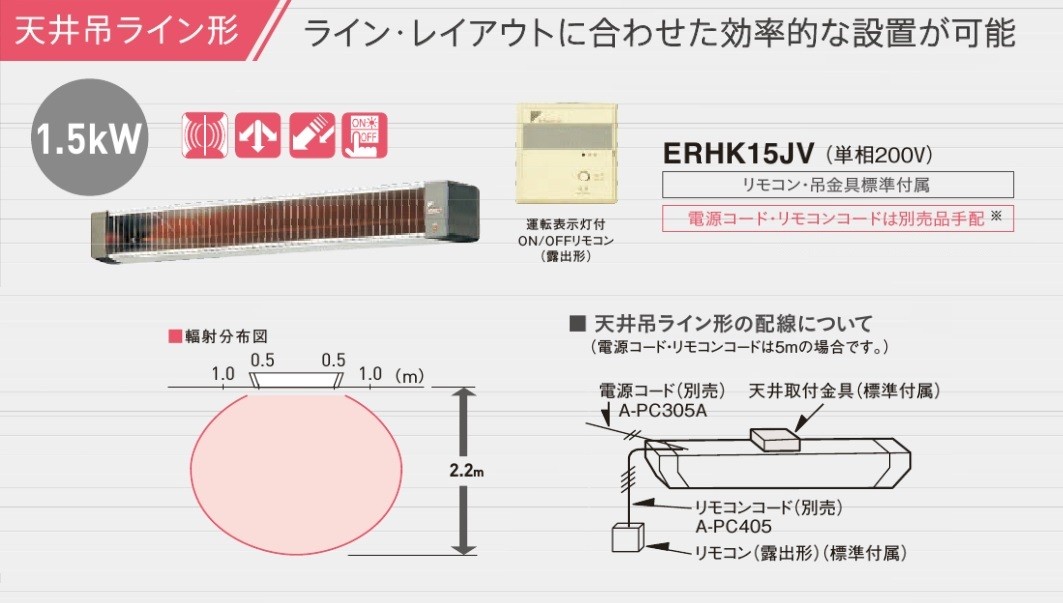 代引き不可 DAIKIN ダイキン 遠赤外線ヒーター　セラムヒート（天井吊ライン形）ERHK15JV　単相200V　*車上渡し品