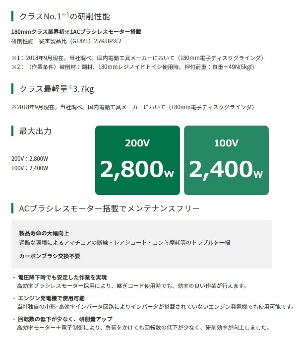 HiKOKI 工機ホールディングス】電子ディスクグラインダー 180mm径