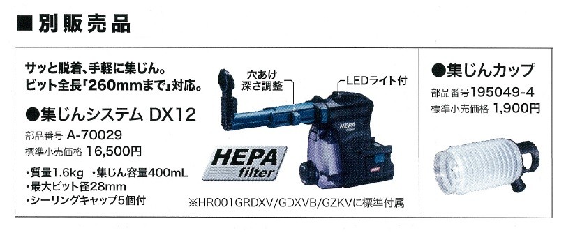 makita マキタ 28mm充電式ハンマドリル用 集じんシステム　DX12　A-70029　HR001G用