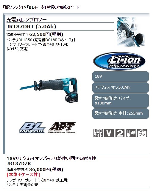 makita マキタ 18V 充電式レシプロソー JR187DRGX 6.0Ah電池2個＋充電器＋ケース付 : jr187drgx : ハンズコテラ  Yahoo!ショップ - 通販 - Yahoo!ショッピング