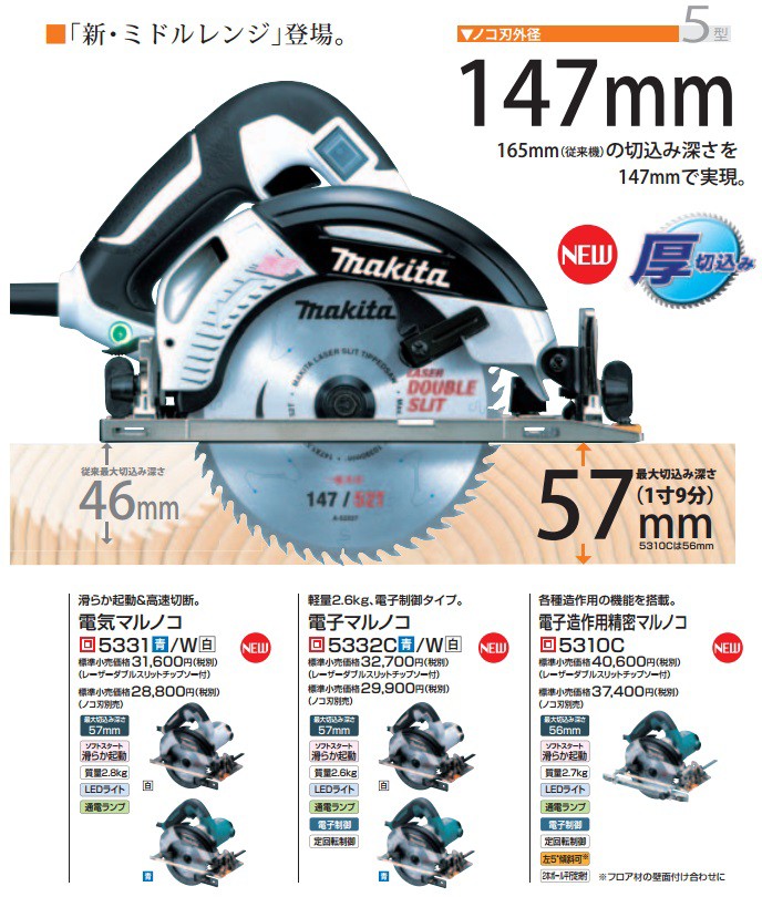 makita マキタ 147mm厚切込み電子造作用精密丸のこ（マルノコ） 5310C