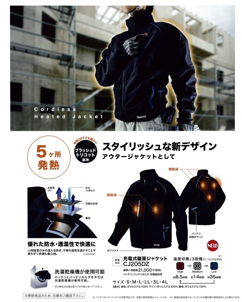 makita マキタ】【2019年モデル】充電式暖房ジャケットのみ CJ205DZ 