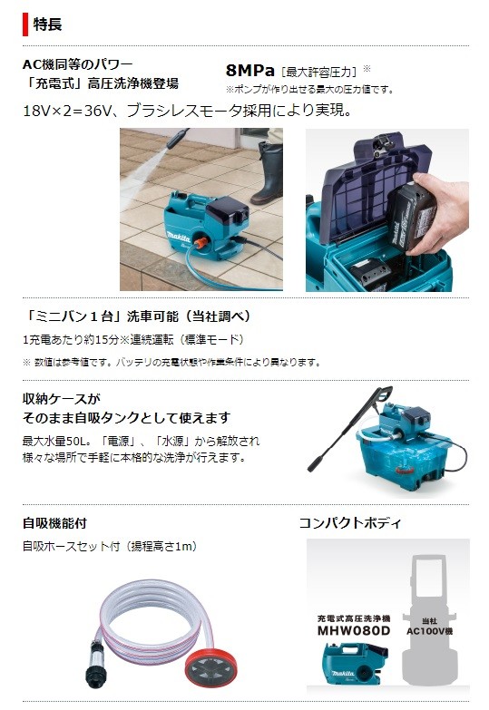 makita マキタ 充電式高圧洗浄機 MHW080DPG2 清水専用 多機能タイプ