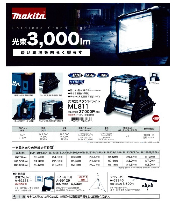 makita マキタ 18V/14.4V/AC100V 充電式LEDスタンドライト ML811 本体のみ （バッテリ・充電器別売） :ML811:ハンズコテラ  Yahoo!ショップ - 通販 - Yahoo!ショッピング