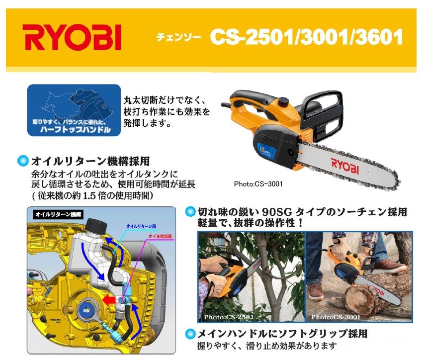 RYOBI リョービ】 プロ用ツール チェンソー CS-3601 100V、8.0A、750W