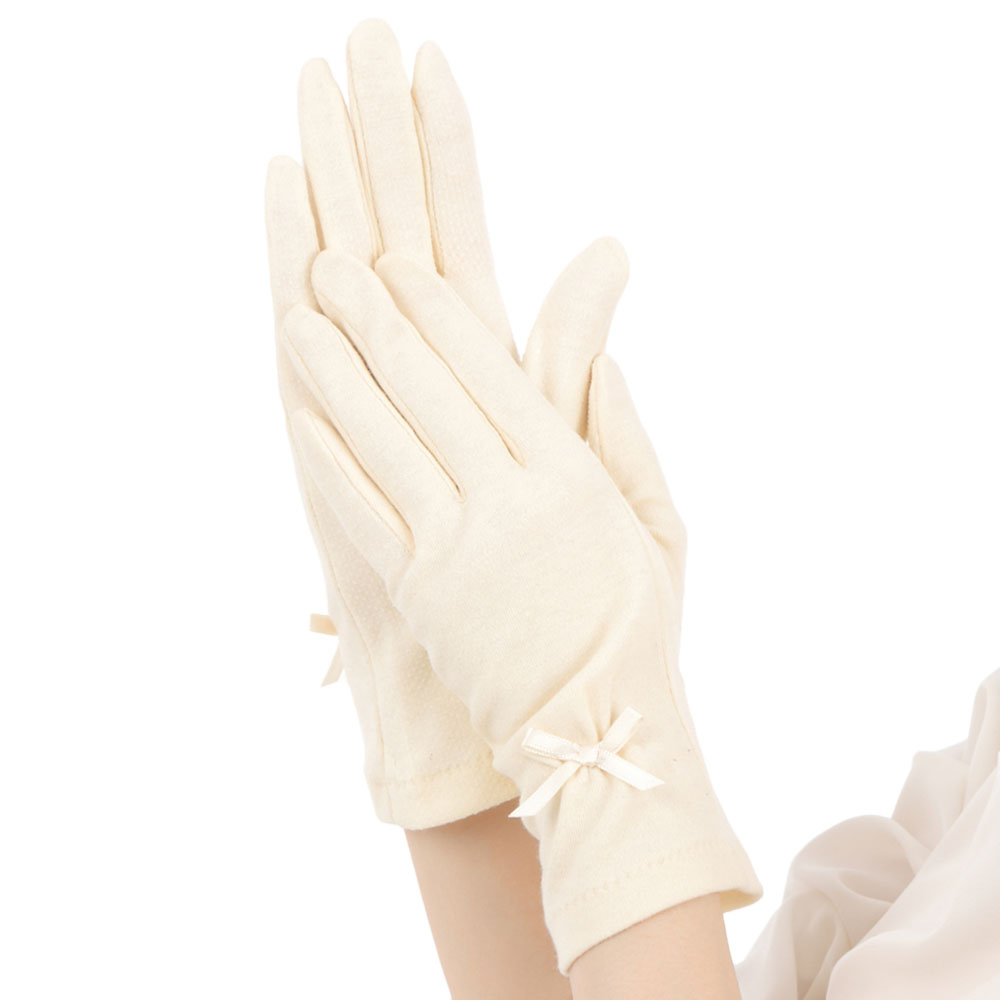 手袋 UV手袋 ショート コットン 綿 レディース 春夏用 五指・指切り 無地 リボン 全面すべり止め付き /メール便送料無料 UVカット UVケア |  | 01