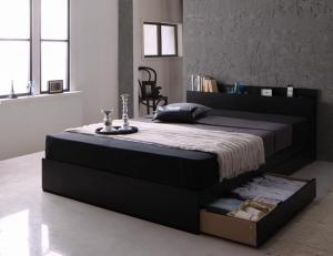 モダンライト・コンセント付き収納ベッド 国産カバーポケットコイルマットレス付き ダブル ブラック