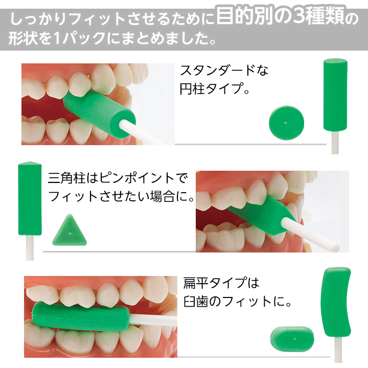 しっかりフィットさせるために目的別の3種類の形状を１パックにまとめました