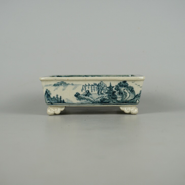 竹峰 盆栽鉢 中古】盆栽鉢 竹峯 小型 長辺 約12.5cm 長方鉢 縁付 雲足 染付