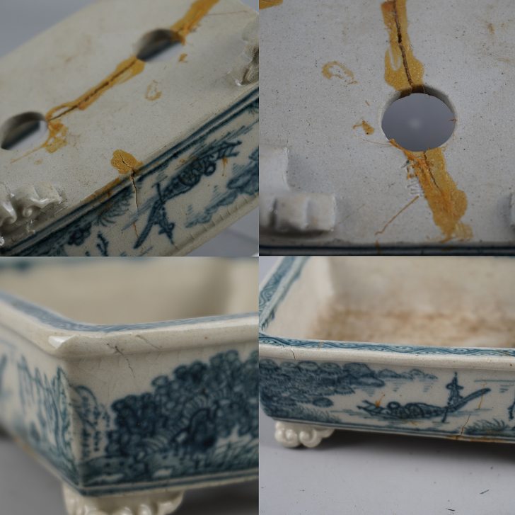 竹峰 盆栽鉢 中古】盆栽鉢 竹峯 小型 長辺 約12.8cm 長方鉢 外縁 雲足 染付