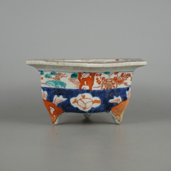 伊万里三ツ重鉢　MA342 中古】盆栽鉢 伊万里 小型 長辺 約 15.3cm 六角鉢 色絵 松 花 模様