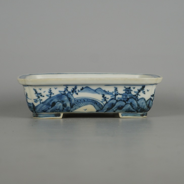 中古】 盆栽鉢 九谷 祥山画 竹峰 小型 長辺 約 15.2cm 長方鉢 外縁 隅
