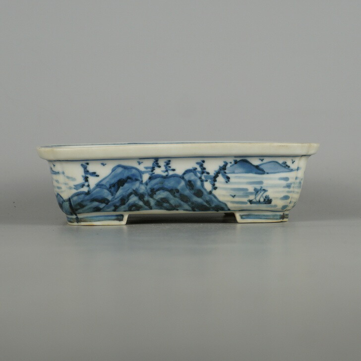 中古】 盆栽鉢 九谷 祥山画 竹峰 小型 長辺 約 15.2cm 長方鉢 外縁 隅
