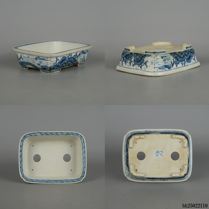 中古】 盆栽鉢 九谷 祥山画 竹峰 小型 長辺 約 15.2cm 長方鉢 外縁 隅