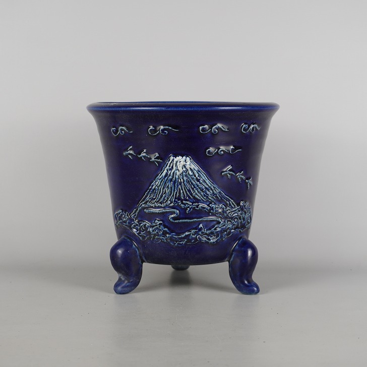 中古】 盆栽鉢 落款あり 富士山文化遺産記念 中型 長辺 約22cm 丸鉢