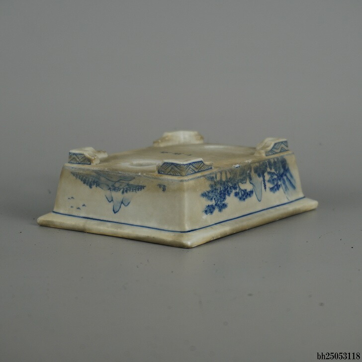 中古】 盆栽鉢 有度山 小型 長辺 約 13.4cm 長方鉢 外縁 山水図 観賞用 