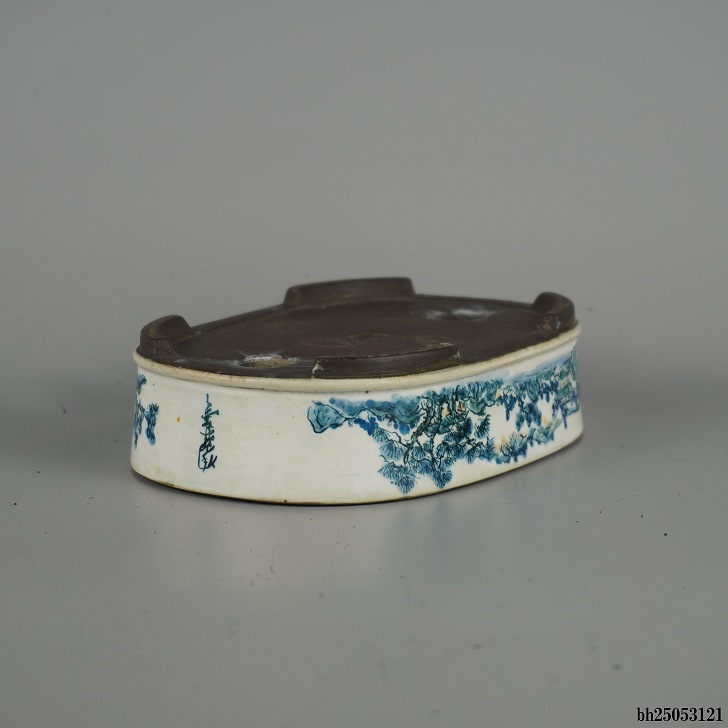 中古】盆栽鉢 寿楽 陶翠筆 小型 長辺 約 15.8cm 楕円鉢 山水図 観賞用