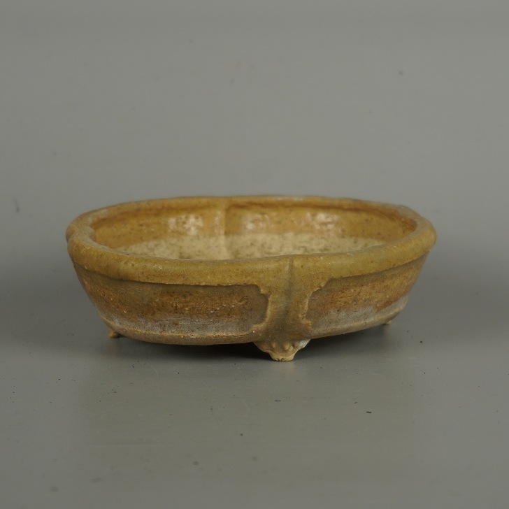 【雅】陶雀　竹節彫丸鉢 盆栽鉢 常滑 美芸 小鉢 長辺 約 9cm 丸鉢 雲足 窓入 鋲打 泥物