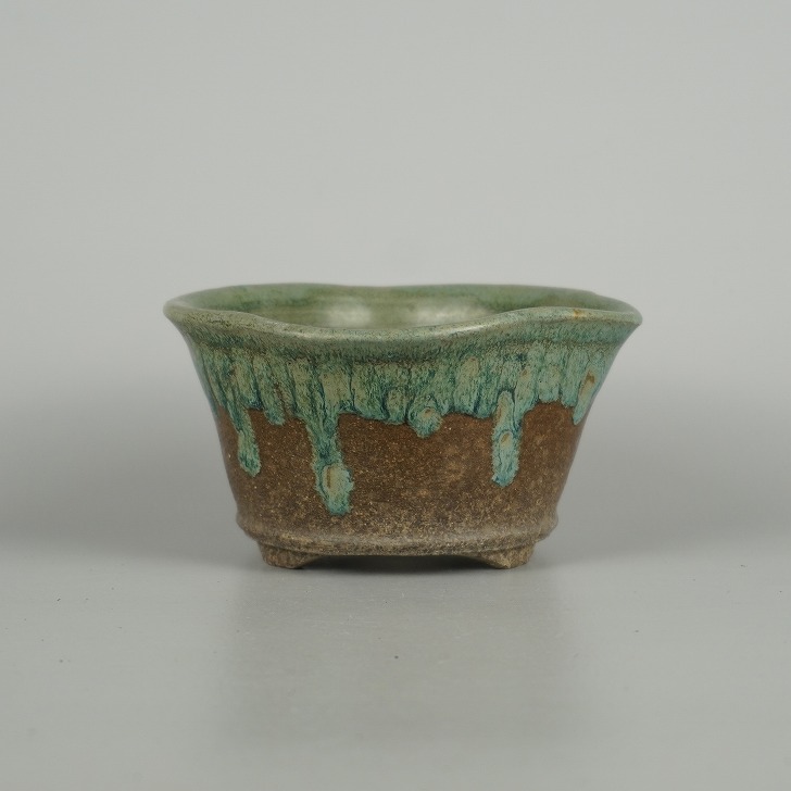 中古】盆栽鉢 陶翠 小型 長辺 約 12.2cm 変形 丸鉢 釉薬 現品 中古鉢